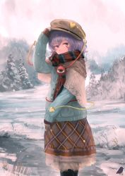 Rule 34 | 1girl, adapted costume, black legwear, buttons, cardigan, covered mouth, cowboy shot, day, hand on headwear, hat, heart, highres, komeiji satori, long sleeves, miniskirt, outdoors, pine tree, pink eyes, plaid, plaid skirt, purple hair, scarf, skirt, snow, snowing, solo, standing, striped clothes, striped scarf, third eye, touhou, tree, winter, winter clothes, you (shimizu)