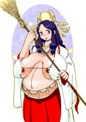 Rule 34 | 1girl, breasts, broom, dress, fat, female focus, huge breasts, japanese clothes, long hair, long skirt, navel, open clothes, open dress, pregnant, purple eyes, purple hair, skirt, solo, standing, tatara