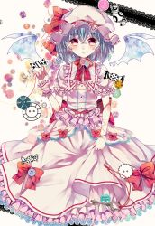 Rule 34 | 1girl, bat wings, blue hair, bow, brooch, buttons, candy, dress, food, ginzuki ringo, hat, hat ribbon, highres, jewelry, key, mob cap, open mouth, pink dress, pink eyes, puffy sleeves, remilia scarlet, ribbon, sash, short sleeves, solo, string, string of fate, touhou, wings, wrist cuffs