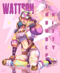 Rule 34 | 1girl, animification, apex legends, artist name, belt, blonde hair, breasts, brown belt, character name, cropped shirt, facial scar, grey shirt, grey shorts, highres, kneehighs, looking to the side, medium breasts, midriff, navel, official alternate costume, one eye closed, parted lips, purple footwear, purple headwear, purple lips, scar, scar on cheek, scar on face, shirt, shoes, short hair, shorts, sitting, smile, sneakers, socks, solo, sunglasses, thigh strap, thunder kitty wattson, wattson (apex legends), wiki (juicykiwi), zoom layer