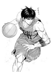 Rule 34 | 1boy, aoki masahiko, ball, bare shoulders, basketball, basketball (object), basketball jersey, basketball uniform, closed mouth, clothes writing, collarbone, commentary, commentary request, english commentary, frown, greyscale, highres, holding, holding ball, leg up, looking to the side, male focus, mixed-language commentary, monochrome, motion blur, motion lines, playing sports, rukawa kaede, serious, short hair, simple background, slam dunk (series), solo, sportswear, standing, standing on one leg, sweat, white background
