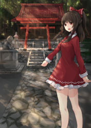 Rule 34 | 1girl, :d, adapted costume, akira (mr akira), alternate costume, architecture, bare legs, bow, box, brown hair, contemporary, donation box, dress, east asian architecture, hair bow, hair ribbon, hakurei reimu, hakurei shrine, highres, komainu, light rays, long hair, long sleeves, looking at viewer, open mouth, outdoors, ponytail, red dress, red eyes, ribbon, shiisaa, smile, solo, stairs, stone floor, stone lantern, sunbeam, sunlight, torii, touhou
