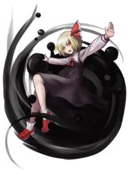 Rule 34 | 1girl, :d, ascot, black dress, blonde hair, bobby socks, danganronpa (series), darkness, dress, fang, frilled shirt collar, frills, full body, hair ribbon, highres, loafers, long sleeves, looking at viewer, open mouth, outstretched arms, parody, puffy long sleeves, puffy sleeves, red eyes, red footwear, red ribbon, ribbon, rumia, shoes, short hair, smile, socks, solo, style parody, taku (harajuku), touhou, transparent background, white socks