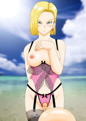 Rule 34 | 1boy, 1girl, absurdres, android 18, blonde hair, blue eyes, blue sky, blush, breasts, censored, cloud, cloudy sky, cropped legs, crotchless, crotchless panties, dragon ball, earrings, garter belt, highres, jewelry, lingerie, navel, nipples, outdoors, panties, pubic hair, short hair, sky, solo focus, sun, thighhighs, underwear