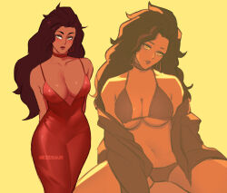 1girl artist_name avengers_(series) bra breasts brown_hair choker cleavage dark-skinned_female dark_skin dress female_focus formal_clothes long_hair looking_at_viewer marvel marvel_rivals medium_breasts meziosaur navel panties red_choker scarlet_witch sexually_suggestive simple_background solo underboob underwear wanda_maximoff yellow_eyes