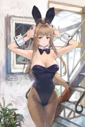Rule 34 | 1girl, amagi brilliant park, animal ears, arms up, bare shoulders, breasts, brown eyes, brown hair, cleavage, detached collar, fake animal ears, highres, iwauchi tomoki, large breasts, long hair, looking at viewer, pantyhose, playboy bunny, ponytail, rabbit ears, rabbit girl, sento isuzu, solo, standing, wrist cuffs