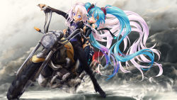Rule 34 | 2girls, ahoge, aqua eyes, aqua hair, blue eyes, bow, bowtie, center opening, hatsune miku, hatsune miku (append), highres, ia (vocaloid), jewelry, long hair, motor vehicle, motorcycle, multiple girls, multiple riders, naka (nicovideo14185763), open mouth, pink hair, riding, ring, thighhighs, twintails, vehicle, very long hair, vocaloid, vocaloid append