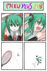 Rule 34 | 1girl, 4koma, angry, black thighhighs, breasts, bug, catstudioinc (punepuni), comic, detached sleeves, fly, flyswatter, green eyes, green hair, hair ribbon, hatsune miku, heavy breathing, highres, insect, necktie, open mouth, ribbon, shirt, skirt, small breasts, thai text, thighhighs, throwing, translation request, twintails, vocaloid, zettai ryouiki