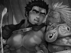 Rule 34 | 2boys, armor, bara, bare pectorals, cape, cum, curtains, ejaculating while penetrated, ejaculation, greyscale, implied anal, implied sex, king, knight, large pectorals, male focus, mature male, monochrome, multiple boys, muscular, muscular male, nipple stimulation, nipple tweak, nipples, novel illustration, official art, one eye closed, original, pauldrons, pectorals, projectile cum, second-party source, shirai mizuto, short hair, shoulder armor, sideburns, smile, terujirou (masateruteru), torogao, upper body, veins, veiny arms, yaoi
