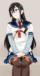 Rule 34 | 10s, 1girl, bad id, bad pixiv id, black hair, glasses, green eyes, hands on thighs, hip vent, kantai collection, layered sleeves, long hair, long sleeves, looking away, necktie, ojipon, ooyodo (kancolle), open mouth, panties, pantyshot, short over long sleeves, short sleeves, sitting, solo, thighhighs, underwear