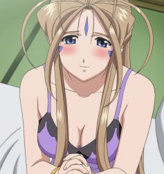 Rule 34 | 1girl, aa megami-sama, antenna hair, babydoll, bare shoulders, belldandy, blue eyes, blush, breasts, brown hair, cleavage, collarbone, downblouse, earrings, facial mark, forehead mark, from above, highres, jewelry, lingerie, long hair, looking at viewer, medium breasts, no bra, official art, olm (studio), ring, screencap, smile, solo, underwear