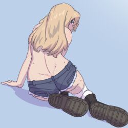 Rule 34 | 1girl, ass, blonde hair, blue background, blue eyes, blue shorts, female focus, from behind, full body, girls und panzer, highres, huaronanago, kay (girls und panzer), long hair, looking at viewer, looking back, short shorts, shorts, simple background, solo, thighhighs, white thighhighs