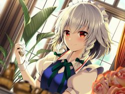 Rule 34 | 1girl, bad id, bad pixiv id, blurry, blurry foreground, blush, bow, braid, breasts, commentary request, cup, curtains, depth of field, dutch angle, flower, green bow, green ribbon, hair between eyes, hair bow, hand up, holding, holding pocket watch, izayoi sakuya, looking at viewer, maid, maid headdress, md5 mismatch, medium breasts, neck ribbon, pink flower, pink rose, plant, pocket watch, puffy short sleeves, puffy sleeves, red eyes, resolution mismatch, ribbon, rose, short hair, short sleeves, silver hair, smile, solo, teacup, touhou, twin braids, upper body, watch, window, wrist cuffs, yuuka nonoko