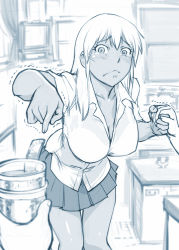 Rule 34 | 1girl, :&lt;, blue theme, blush, breasts, cleavage, collarbone, commentary request, cowboy shot, dark skin, glass, holding hands, large breasts, long hair, looking at viewer, monochrome, original, pleated skirt, pov, pov hands, school uniform, shirt, short sleeves, skirt, solo focus, tears, thighs, trembling, ueyama michirou