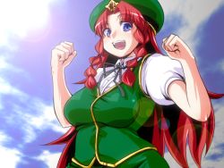 Rule 34 | 1girl, blue eyes, braid, breasts, china dress, chinese clothes, dress, female focus, hat, hong meiling, long hair, mori shin risuku, outdoors, red hair, sky, solo, embodiment of scarlet devil, touhou, twin braids