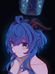 Rule 34 | 1girl, absurdres, ahoge, antenna hair, armpits, arms at sides, black background, blue hair, breasts, brown eyes, casual nudity, unworn clothes, collarbone, completely nude, crown, elif (artist), expressionless, eyebrows hidden by hair, eyelashes, female focus, floating, floating object, ganyu (genshin impact), genshin impact, goat horns, hair between eyes, highres, horns, huge filesize, light blush, long hair, looking away, medium breasts, messy hair, mihoyo, neck, nude, out-of-frame censoring, portrait, qilin (mythology), red horns, sidelocks, simple background, standing, topless, topless frame, upper body