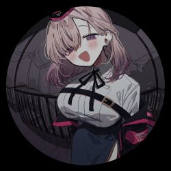Rule 34 | 1girl, 3j dangan, :d, armband, balcony, black jacket, black ribbon, blue skirt, blush, breasts, chest belt, earrings, fisheye, half-closed eyes, hypnosis mic, jacket, jewelry, keitoin honobono, large breasts, long sleeves, looking at viewer, off shoulder, open mouth, pink armband, pink hair, purple eyes, ribbon, shirt, skirt, smile, solo, stairs, white shirt