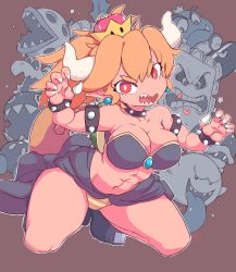 Rule 34 | 1girl, abs, armlet, artist name, bare shoulders, black footwear, blonde hair, bob-omb, boo (mario), bowsette, bracelet, breasts, brown background, bullet bill, buzzy beetle, chain chomp, claw pose, claws, cleavage, closed mouth, collar, collarbone, crown, dry bones, earrings, fangs, female focus, full body, gem, goomba, hands up, heart, high heels, horns, jewelry, kneeling, large breasts, looking at viewer, mario (series), mini crown, navel, new super mario bros. u deluxe, nintendo, open mouth, orange panties, outline, panties, piranha plant, pointy ears, ponytail, red eyes, sharp teeth, shoes, signature, smile, solo focus, spiked bracelet, spiked collar, spikes, star (symbol), starmilk, strapless, striped clothes, striped panties, super crown, tail, teeth, thwomp, tongue, tongue out, tube top, turtle shell, underwear, white outline