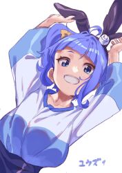 Rule 34 | 1girl, animal ears, black hairband, blue eyes, blue hair, blue shirt, bow, breasts, brown bow, collarbone, dutch angle, fake animal ears, grin, hair bow, hairband, hand on own ear, highres, hirogaru sky! precure, long sleeves, looking at viewer, medium breasts, precure, pulling own ear, rabbit ears, shirt, side ponytail, simple background, smile, solo, sora harewataru, upper body, white background, white shirt, yuuzii