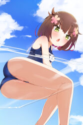 Rule 34 | 1girl, absurdres, against glass, ass, ass on glass, bare shoulders, cleft of venus, cloud, ever (nann2013), flower, from below, girls&#039; frontline, green eyes, hair flower, hair ornament, highres, multicolored hair, official alternate costume, partially visible vulva, school swimsuit, short hair, sitting, solo, swimsuit, type 4 (cape no. 4) (girls&#039; frontline), type 4 (girls&#039; frontline), wedgie