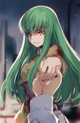 Rule 34 | 1girl, c.c., code geass, creayus, foreshortening, green hair, long hair, long sleeves, looking at viewer, parted lips, pov, reaching, reaching towards viewer, sidelocks, smile, solo, solo focus, upper body, yellow eyes
