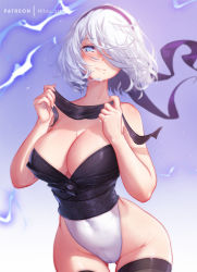 Rule 34 | 1girl, alternate costume, bad id, bad pixiv id, black hairband, unworn blindfold, blue eyes, blush, breasts, cleavage, covered navel, gluteal fold, hair over one eye, hairband, large breasts, leotard, mitsu (mitsu art), mole, mole under eye, mole under mouth, nier (series), nier:automata, no blindfold, parted lips, thighs, white hair, white leotard, 2b (nier:automata)