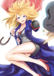 Rule 34 | 1girl, absurdres, alternate costume, blonde hair, blue eyes, breasts, casual, cleavage, cloud, coat, forecast janna, high heels, highres, janna (league of legends), large breasts, league of legends, legs, long hair, looking at viewer, microphone, nail polish, nr noir, simple background, skirt, smile, solo, umbrella, white background
