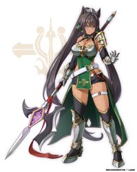 Rule 34 | 1girl, absurdres, alternate costume, animal ears, armor, bare shoulders, belt, black hair, black shorts, black thighhighs, blue eyes, breasts, cleavage, commentary request, dark-skinned female, dark skin, detached sleeves, dungeons &amp; dragons, ear ornament, green shirt, hair between eyes, high heels, highres, holding, holding polearm, holding weapon, horse ears, horse girl, horse tail, knight, large breasts, long hair, long sleeves, looking at viewer, polearm, ponytail, shinonome (shinonome rynn), shirt, short shorts, shorts, shoulder armor, simple background, sleeveless, sleeveless shirt, solo, symboli kris s (umamusume), tail, thigh strap, thighhighs, twitter username, umamusume, very long hair, weapon, white background, white belt