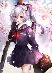 Rule 34 | 1girl, alternate costume, arm behind back, bag, bag charm, black shirt, black skirt, blurry, blurry background, blush, breasts, brown bag, charm (object), cherry blossoms, commentary request, fate/grand order, fate (series), hair between eyes, hair ornament, hane yuki, headband, highres, holding, holding sword, holding weapon, long hair, long sleeves, looking at viewer, mitsudomoe (shape), outdoors, pleated skirt, ponytail, red eyes, ribbon, sailor collar, shirt, silver hair, skirt, solo, sword, tomoe (symbol), tomoe gozen (fate), weapon, yellow ribbon