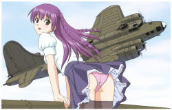 Rule 34 | 1girl, aircraft, airplane, ass, b-17 flying fortress, black thighhighs, blue skirt, blush, braid, cloud, cloudy sky, copyright request, day, framed, highres, leaning, long hair, looking at viewer, looking back, open mouth, panties, petticoat, pink panties, purple hair, shirt, skindentation, skirt, sky, smile, solo, thighhighs, twin braids, underwear, vehicle focus, white shirt, yamauchi noriyasu
