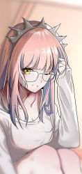 Rule 34 | 1girl, breasts, commentary request, fate/grand order, fate (series), glasses, hand in own hair, highres, long hair, long sleeves, looking at viewer, medb (fate), medium breasts, one eye closed, pink hair, shirt, sitting, smile, solo, tiara, valkyrierei, white shirt, yellow eyes