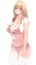 Rule 34 | 1girl, :d, bikini, blonde hair, blush, breasts, brown eyes, cleavage, collarbone, dot nose, flying sweatdrops, frills, from side, furrowed brow, goshiki suzu, hair between eyes, halter top bikini, head tilt, highres, large breasts, legs together, long hair, looking at viewer, navel, open mouth, original, pink bikini, red hair, side-tie bikini bottom, sidelocks, sideways glance, simple background, smile, solo, standing, sweat, swimsuit, tareme, wading, white background