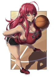 Rule 34 | 1girl, absurdres, ahoge, ball, basketball, basketball (object), blue eyes, breasts, cleavage, clothes writing, commission, female focus, full body, hair between eyes, hand on own hip, high school dxd, highres, holding, holding ball, large breasts, leaning forward, long hair, looking at viewer, no bra, packge, pixiv commission, red footwear, red hair, rias gremory, shirt, shoes, short shorts, shorts, smile, sneakers, socks, solo, standing, very long hair
