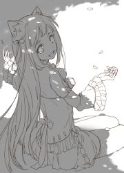 Rule 34 | 1girl, animal ears, ayn (unlight), blouse, blush, cat ears, fang, frills, from side, greyscale, hands up, imoko (imonatsuki), long hair, looking at viewer, looking back, making-of available, monochrome, open mouth, outdoors, petals, shade, shirt, sidelocks, sitting, smile, solo, tareme, unfinished, unlight, yokozuwari