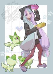 1girl alternate_costume animal_hood black_hoodie blue_hair bow-shaped_hair bowl cat_hood creatures_(company) fang full_body game_freak hood hood_up hoodie iono_(pokemon) long_hair long_sleeves mizuiro123 multicolored_hair nintendo open_mouth paw_print pet_bowl pink_eyes pink_hair pokemon pokemon_(creature) pokemon_sv skin_fang sprigatito sweatdrop twintails two-tone_hair very_long_hair