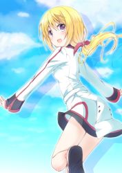 Rule 34 | 10s, 1girl, bad id, bad pixiv id, blonde hair, blush, charlotte dunois, chm (macharge), cloud, day, infinite stratos, long hair, no socks, open mouth, ponytail, purple eyes, ribbon, school uniform, sky, smile, solo