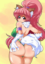 Rule 34 | 1girl, :3, animal ears, animal hands, armlet, ass, ass grab, bare shoulders, blush, breasts, curvy, female focus, furry, furry female, green one-piece swimsuit, highres, huge ass, large breasts, leotard, long hair, looking at viewer, one-piece swimsuit, perisie (star ocean), ponytail, red eyes, red hair, ryoi, shiny skin, sideboob, smile, solo, star ocean, swimsuit, tail, thighs, wolf ears, wolf tail