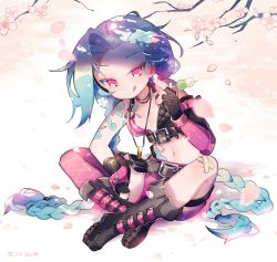 Rule 34 | 1girl, asymmetrical footwear, asymmetrical gloves, bare shoulders, bikini, bikini top only, black gloves, blue hair, boots, braid, breasts, bullet, cherry blossoms, elbow gloves, fingerless gloves, food, gloves, jinx (league of legends), knee boots, league of legends, long hair, mismatched footwear, mismatched gloves, pink eyes, short shorts, shorts, single elbow glove, single knee boot, sitting, small breasts, smile, solo, swimsuit, tattoo, thigh strap, thighhighs, tongue, tongue out, twin braids, very long hair