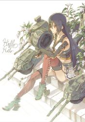 Rule 34 | 10s, 1girl, arm rest, black hair, blush, breasts, caustics, commentary request, cosmic (crownclowncosmic), crop top, damaged, english text, flower, from side, grey footwear, kantai collection, knee up, long hair, looking afar, midriff, miniskirt, nagato (kancolle), no headgear, ripples, shadow, shirt, shoes, sidelocks, simple background, sitting, skirt, sleeveless, sleeveless shirt, smile, soaking feet, solo, stairs, thighs, turret, very long hair, water, white background, white skirt