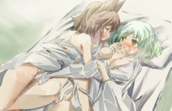 Rule 34 | 2girls, between breasts, blush, breasts, brown hair, female focus, finger in another&#039;s mouth, green hair, multiple girls, no bra, pointy hair, robe, smile, soga no tojiko, touhou, toyosatomimi no miko, yellow eyes, yohane, yuri