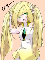 Rule 34 | 1girl, :o, bare arms, bare shoulders, blonde hair, blunt bangs, blush, breasts, bunching hair, commentary request, creatures (company), diamond (shape), dress, empty eyes, game freak, gao, gem, green eyes, head tilt, holding, holding own hair, ichiba chiharu, long hair, looking at viewer, lusamine (pokemon), medium breasts, multicolored hair, nintendo, open mouth, pink background, pokemon, pokemon sm, purple hair, see-through, simple background, sleeveless, sleeveless dress, solo, standing, streaked hair, teeth, text focus, tongue, translation request, turtleneck, very long hair, white dress