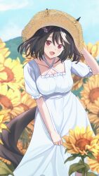 1girl absurdres animal_ears blurry blurry_background breasts cleavage commentary dress flower hair_between_eyes hair_ornament hat highres horse_girl kitasan_black_(umamusume) medium_breasts mountain open_mouth red_eyes shia0016 sky solo straw_hat sunflower umamusume