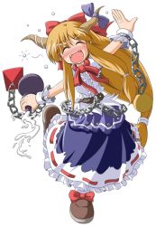 Rule 34 | 1girl, :d, bare shoulders, blonde hair, bow, chain, closed eyes, d.a, drunk, fangs, female focus, frilled skirt, frills, gourd, hair bow, horn bow, horn ornament, horns, ibuki suika, long hair, low-tied long hair, open mouth, simple background, skirt, smile, solo, touhou, transparent background, very long hair, white background