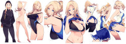Rule 34 | 1girl, arm up, armpits, ass, bare shoulders, blonde hair, blue eyes, blush, breasts, cheerleader, cleavage, clothes lift, clothes pull, competition swimsuit, dark-skinned female, dark skin, half-closed eyes, highres, hood, hoodie, large breasts, lifted by self, long hair, looking at viewer, mikoto akemi, multiple views, nail polish, navel, nude, one-piece swimsuit, one-piece swimsuit pull, original, pants, parted bangs, pleated skirt, pom pom (cheerleading), ponytail, shirt, shirt lift, skirt, smile, sports bra, sportswear, stomach, swimsuit, thighs, two side up, undressing