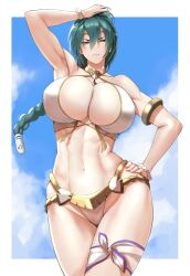 Rule 34 | 1girl, abs, absurdres, anagumasan, arm up, armpits, bare shoulders, bikini, blue sky, bracelet, braid, breasts, circlet, cleavage, closed mouth, cloud, cloudy sky, collarbone, curvy, day, fingernails, fire emblem, fire emblem heroes, gold trim, green hair, hair ornament, halterneck, hand on own hip, highleg, highleg bikini, highres, huge breasts, jewelry, lips, long hair, looking at viewer, navel, nintendo, official alternate costume, outdoors, simple background, single braid, sky, solo, stomach, swimsuit, thigh strap, thighs, thorr (fire emblem), white bikini, yellow eyes