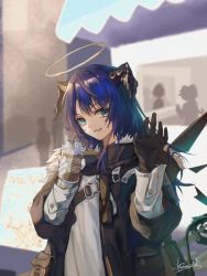 Rule 34 | 1girl, arknights, asymmetrical gloves, black gloves, black jacket, blouse, blue eyes, blue hair, cameo, chinese commentary, commentary request, cup, demon horns, detached wings, energy wings, fur-trimmed hood, fur trim, gloves, halo, highres, holding, holding cup, hood, horns, jacket, kaxnight, mismatched gloves, mostima (arknights), open clothes, open jacket, open mouth, people, shirt, solo focus, emperor (arknights), upper body, waving, white gloves, white shirt, wings