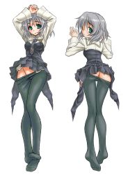 Rule 34 | 00s, 1girl, arms up, ass, black pantyhose, clothes lift, clothes pull, dakimakura (medium), feet, green eyes, groin, multiple views, no panties, pantyhose, pantyhose pull, peter (artist), sanya v. litvyak, short hair, silver hair, skirt, skirt lift, strike witches, world witches series