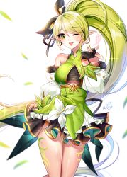 Rule 34 | 1girl, ;d, ahoge, anemos (elsword), black bow, black gloves, black skirt, bow, breasts, commission, cowboy shot, detached sleeves, earrings, elsword, fingerless gloves, fingernails, gloves, green eyes, green hair, green nails, hair bow, heart, highres, hoop earrings, jewelry, large breasts, long hair, looking at viewer, nail polish, one eye closed, open mouth, pixiv commission, pointy ears, ponytail, puffy sleeves, rena erindel, signature, simple background, skirt, smile, solo, standing, underboob, white background, white sleeves, xes (xes 5377)