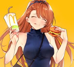 Rule 34 | 1girl, asymmetrical bangs, bag, bare shoulders, beatrix (granblue fantasy), between breasts, blue scrunchie, blue shirt, blush, breasts, brown hair, burger, chewing, closed eyes, cup, disposable cup, drink, drinking straw, eating, food, foodgasm, granblue fantasy, handbag, high ponytail, highres, large breasts, licking lips, long hair, mcdonald&#039;s, ponytail, remora180, scrunchie, shirt, sleeveless, sleeveless shirt, strap between breasts, swept bangs, tongue, tongue out, turtleneck, upper body, yellow background