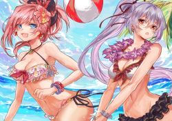 Rule 34 | 2girls, :d, :o, ball, bare shoulders, beachball, bikini, blue eyes, blue sky, bracelet, breasts, cleavage, cloud, collarbone, commentary request, day, earrings, eyes visible through hair, fate/grand order, fate (series), flower, flower necklace, hair between eyes, hair flower, hair ornament, hair ribbon, jewelry, large breasts, leaf earrings, long hair, magatama, medium hair, midriff, miyamoto musashi (fate), miyamoto musashi (storms and waves) (fate), multiple girls, navel, necklace, ocean, open mouth, palm tree, pink hair, ponytail, red eyes, red ribbon, ribbon, scrunchie, side-tie bikini bottom, silver hair, sky, smile, swimsuit, ten-chan (eternal s), tomoe gozen (fate), tree, very long hair, wrist scrunchie
